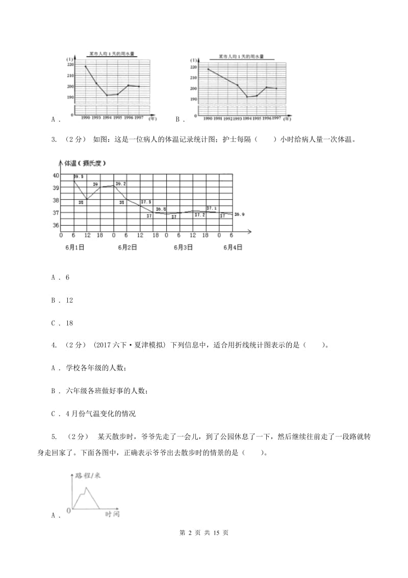 新人教版数学五年级下册第七章7.1折线统计图课时练习A卷_第2页