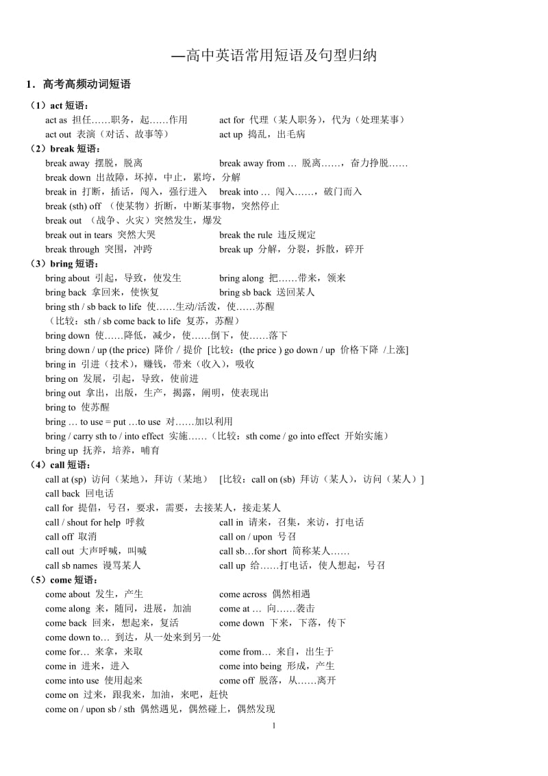 高中英语常用动词短语(完整版)_第1页