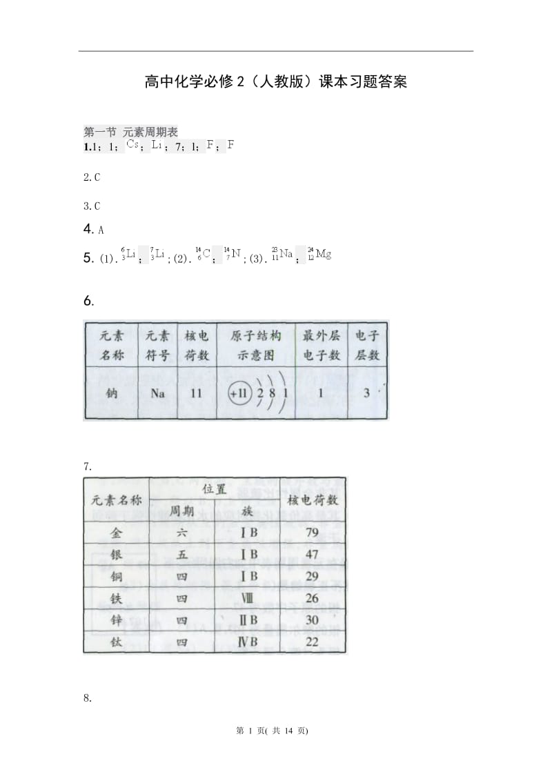 高中化学必修2(人教版)课本习题答案_第1页