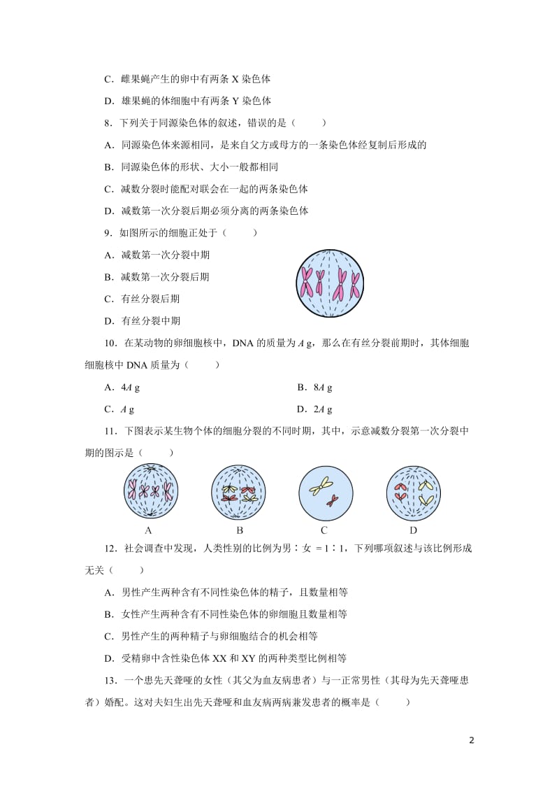 高中生物-必修二-基因和染色体的关系测试题及答案_第2页