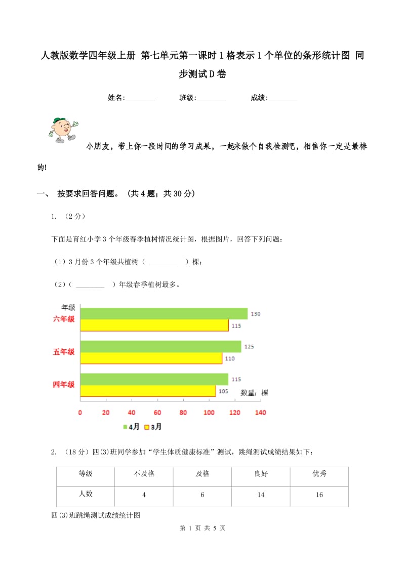 人教版数学四年级上册 第七单元第一课时1格表示1个单位的条形统计图 同步测试D卷_第1页