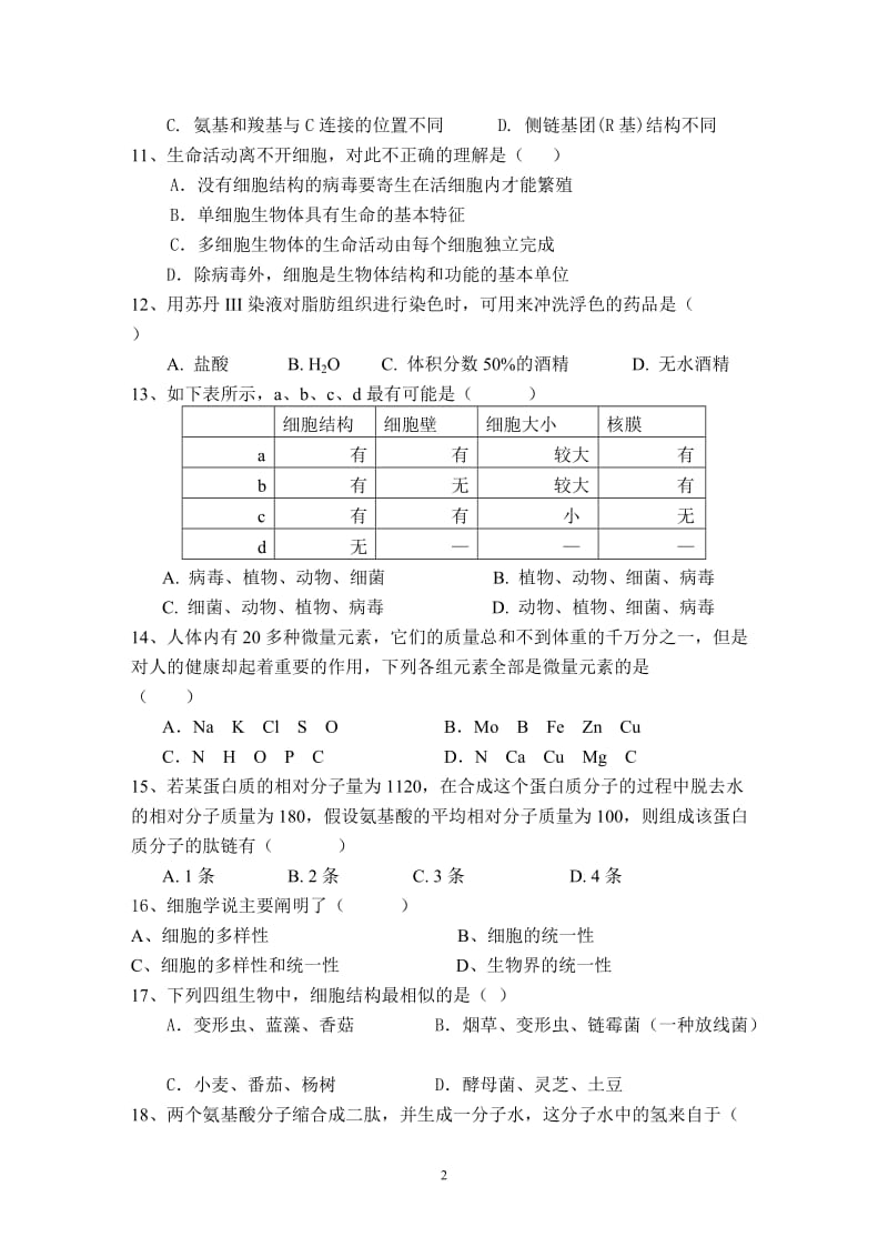 高一上期生物第一次月考试题(附答题卡和详细答案)_第2页