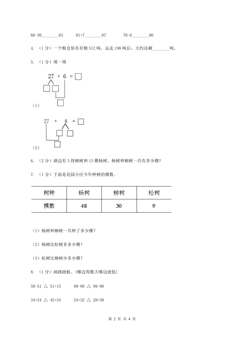 苏教版小学数学一年级下册 第四单元测试卷C卷_第2页