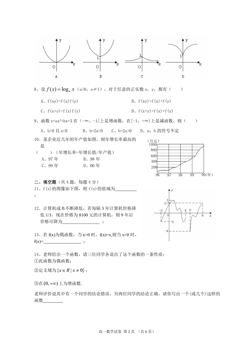 高一数学必修一期末试卷及答案_第2页