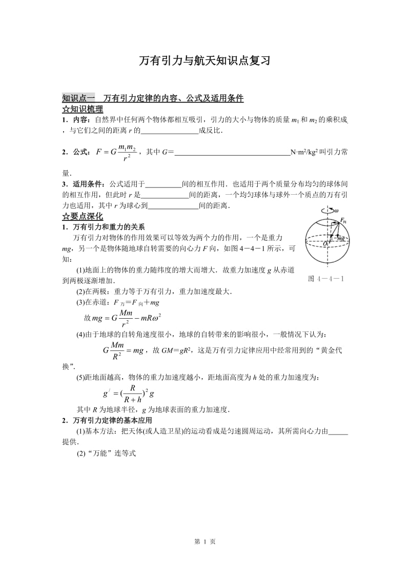 高一物理万有引力与航天复习知识点_第1页