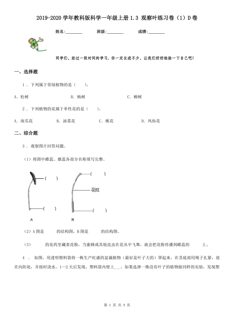 2019-2020学年教科版科学一年级上册1.3 观察叶练习卷（1）D卷_第1页