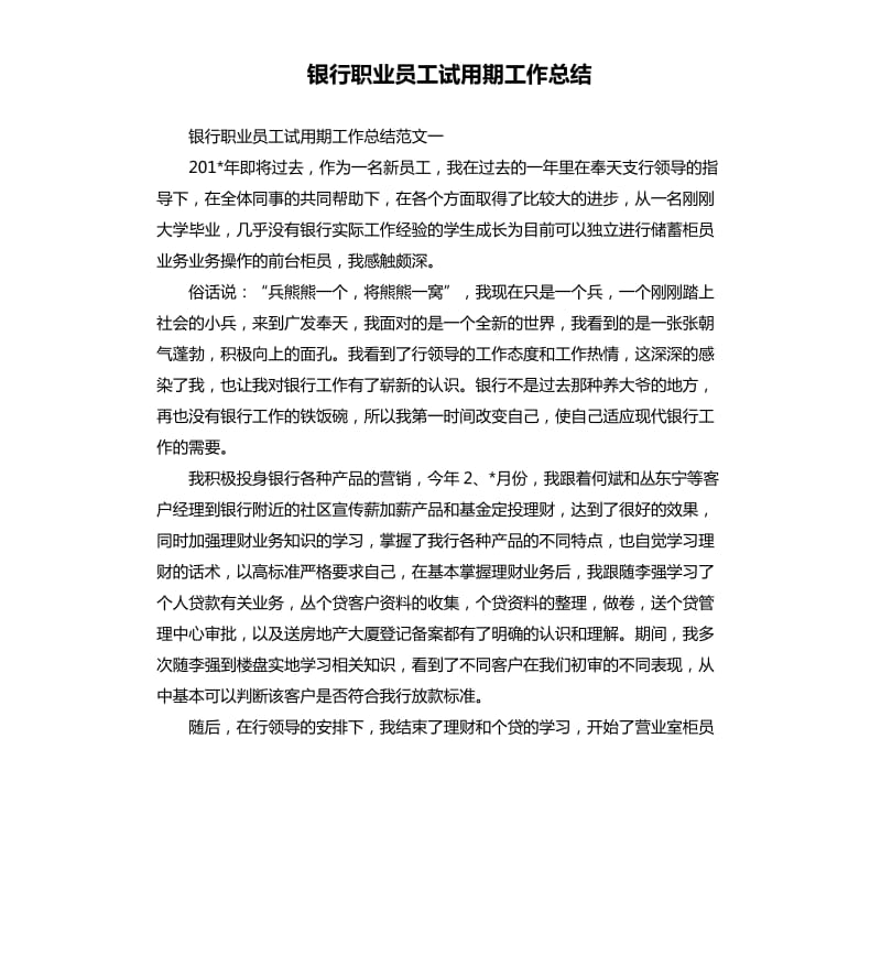 银行职业员工试用期工作总结.docx_第1页