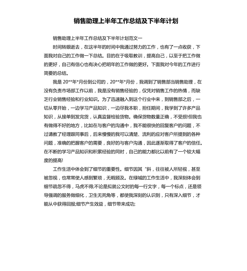 销售助理上半年工作总结及下半年计划.docx_第1页