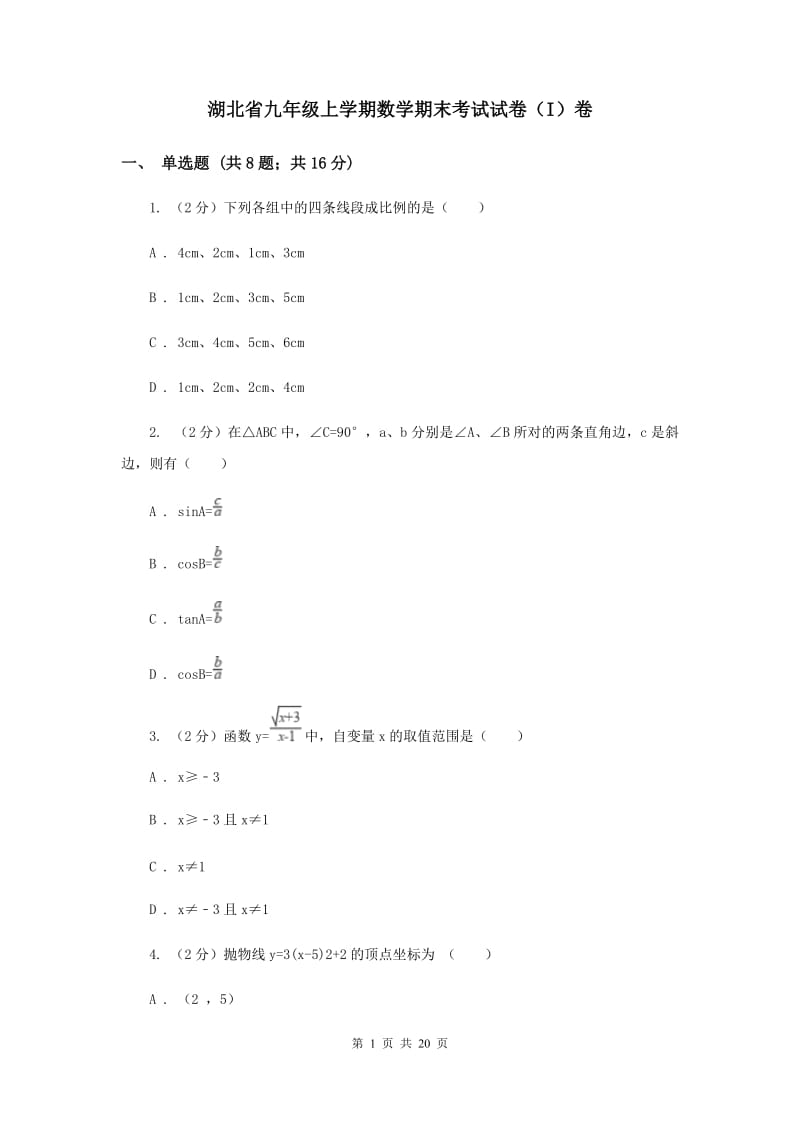 湖北省九年级上学期数学期末考试试卷（I）卷_第1页