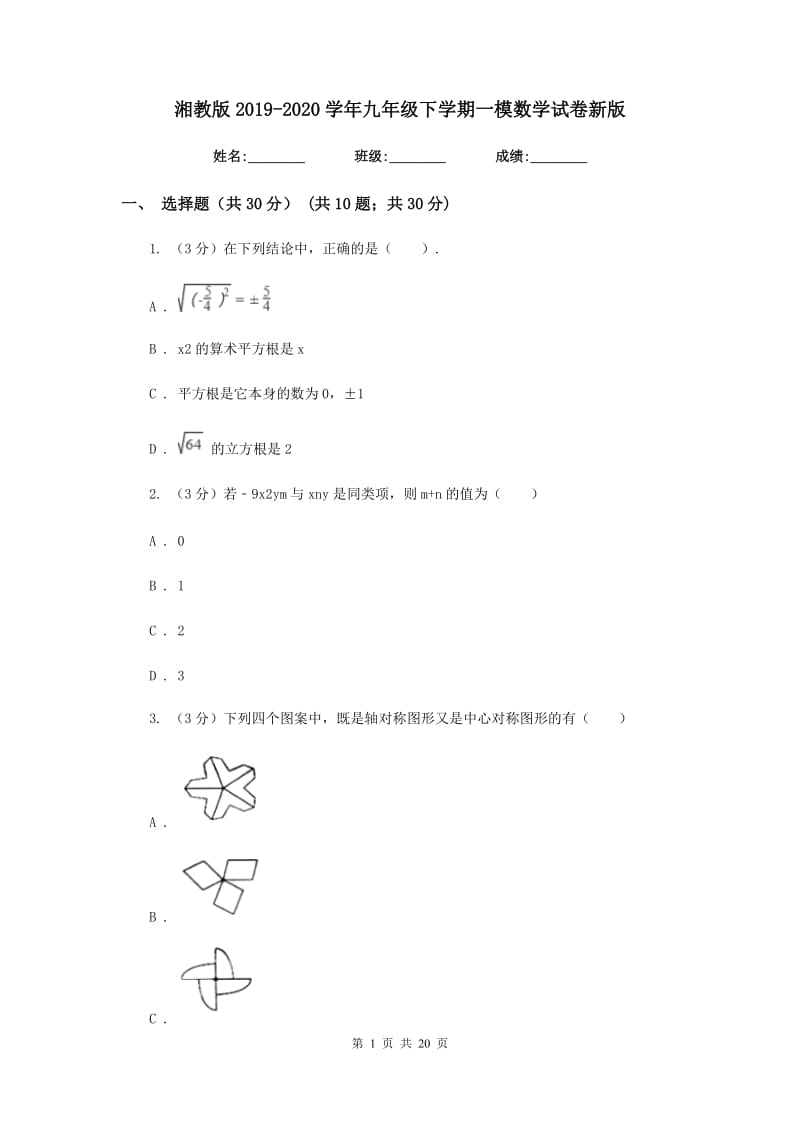 湘教版2019-2020学年九年级下学期一模数学试卷新版_第1页