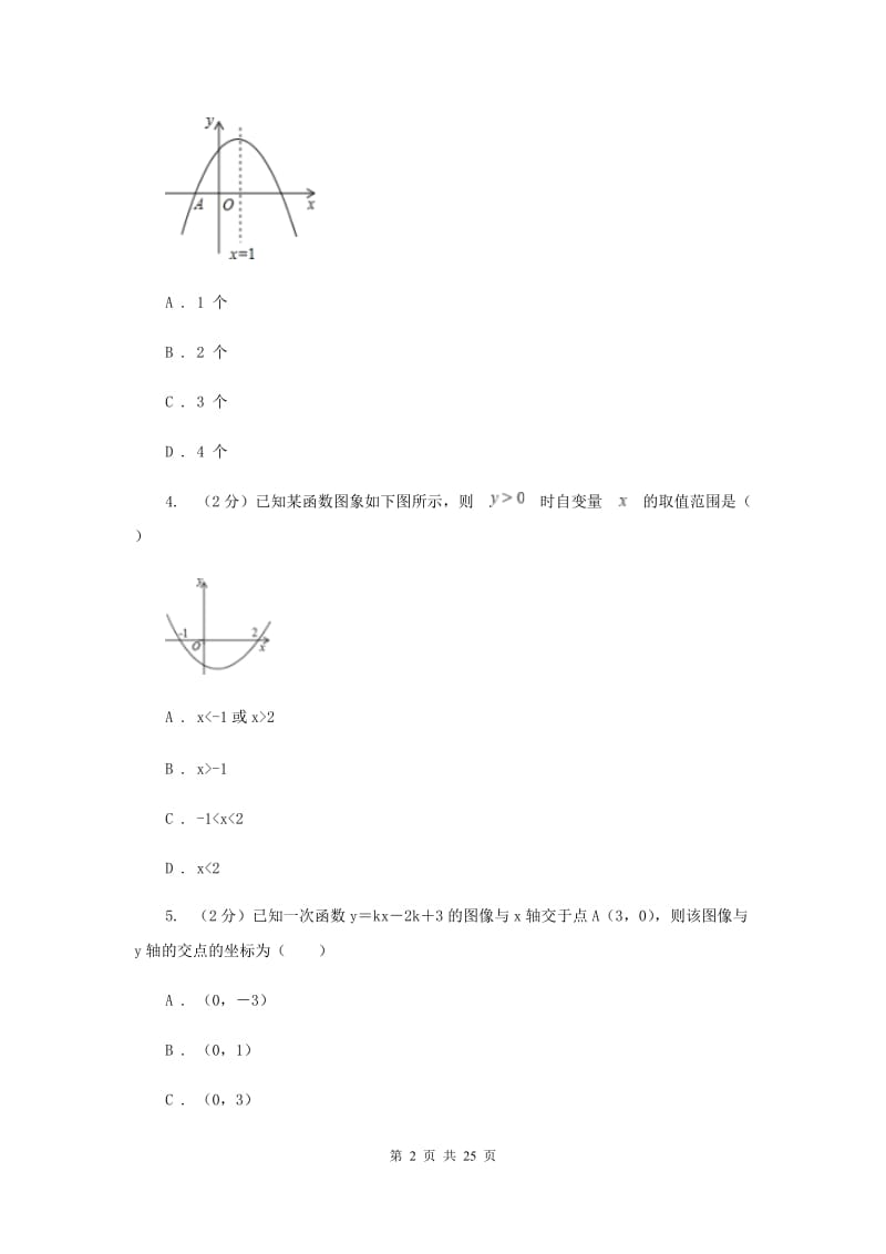 人教版备考2020年中考数学一轮基础复习：专题十四 二次函数的图象和性质A卷_第2页