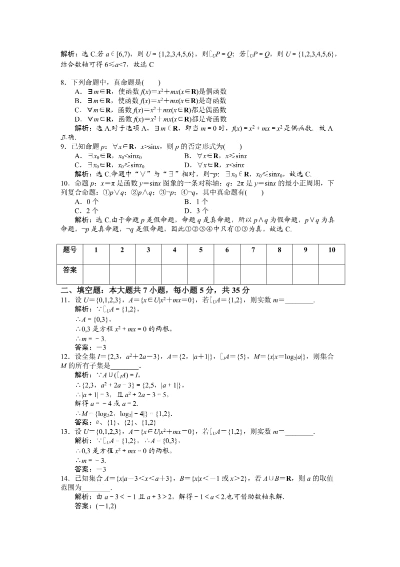 集合与常用逻辑用语测试题-+答案_第2页