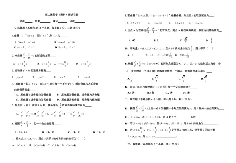 高二数学选修2-1综合测试题(基础)_第1页