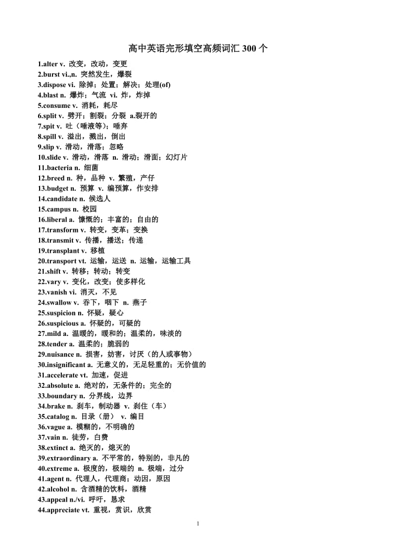 高中英语完形填空高频词汇300个_第1页