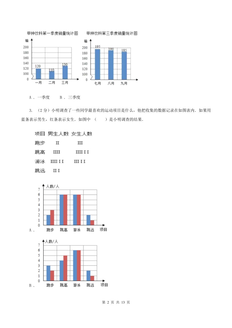 人教版数学四年级上册 第七单元条形统计图 单元测试卷A卷_第2页