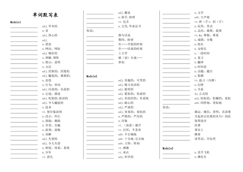 高中英语外研版必修一单词默写表_第1页