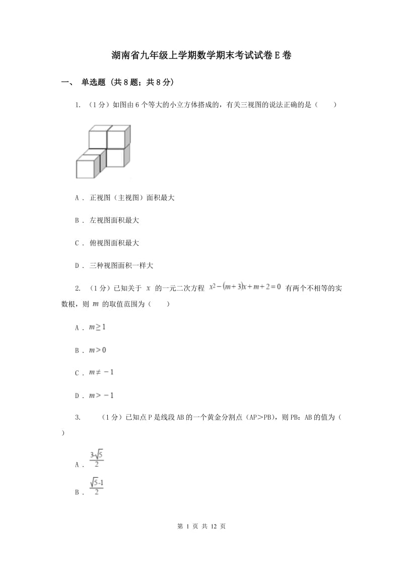 湖南省九年级上学期数学期末考试试卷E卷_第1页