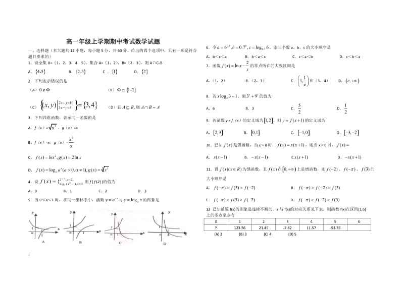 高一数学期中考试测试题(必修一含答案)_第1页