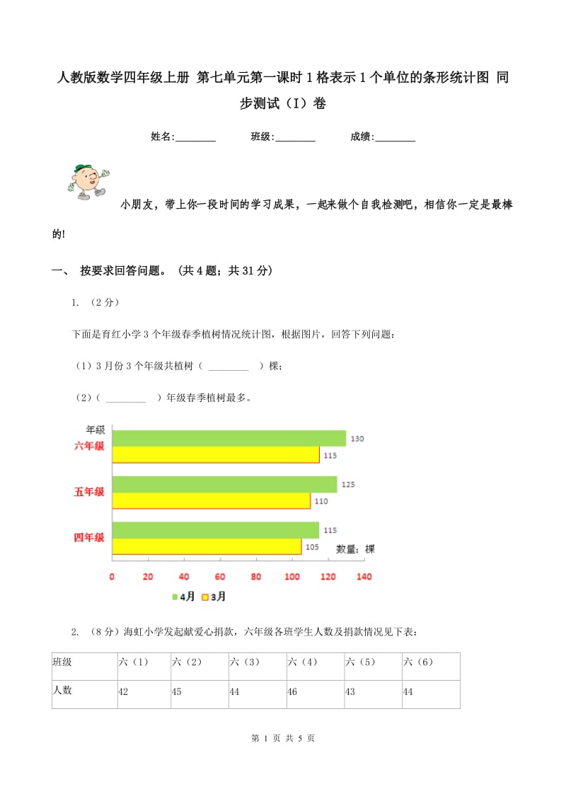 人教版数学四年级上册 第七单元第一课时1格表示1个单位的条形统计图 同步测试(I)卷_第1页