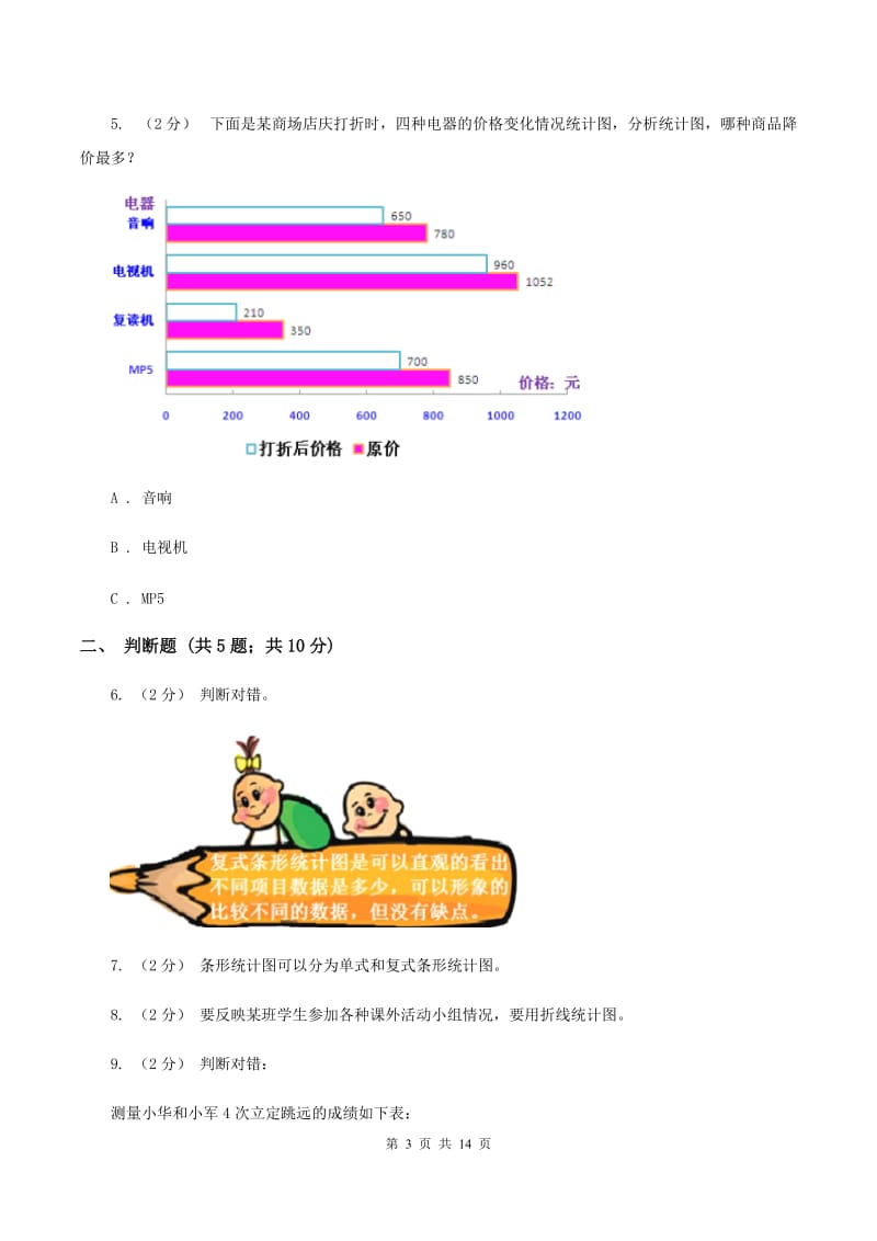 苏教版数学五年级上册第六单元统计表和条形统计图(二)同步练习(2)B卷_第3页