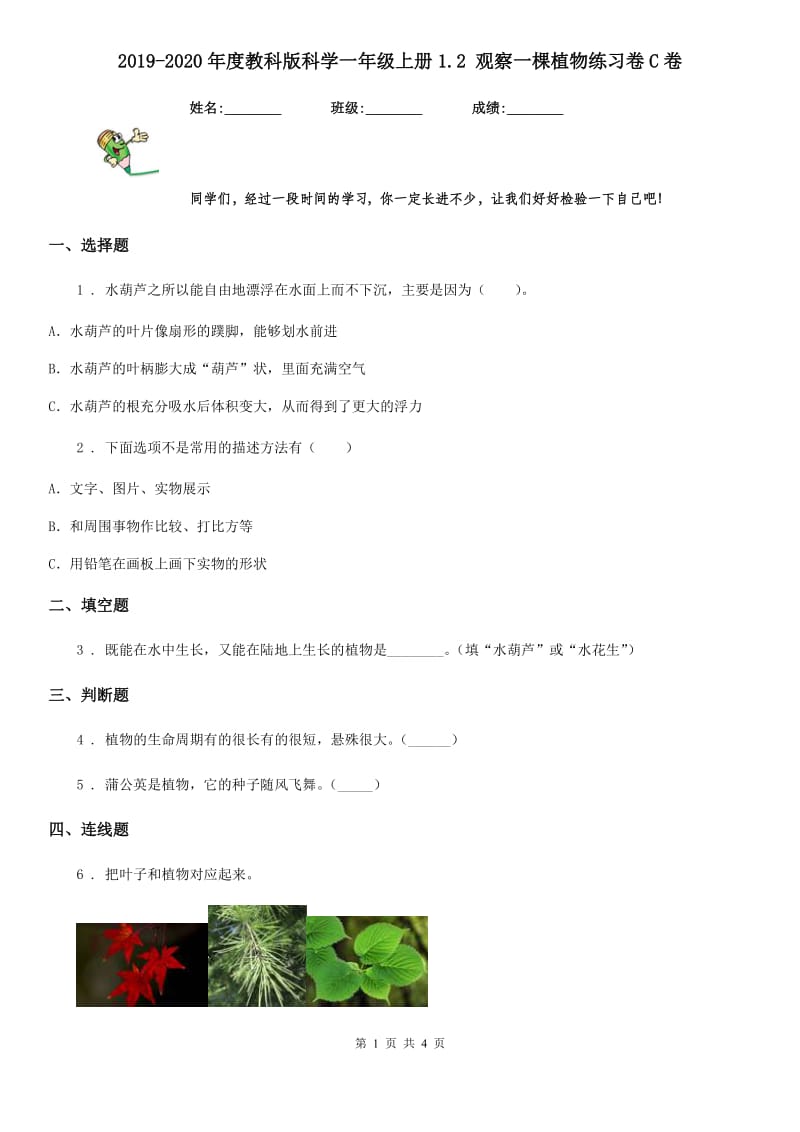 2019-2020年度教科版科学一年级上册1.2 观察一棵植物练习卷C卷_第1页