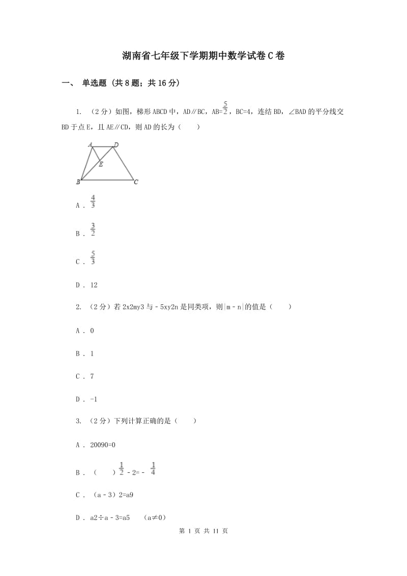 湖南省七年级下学期期中数学试卷C卷_第1页