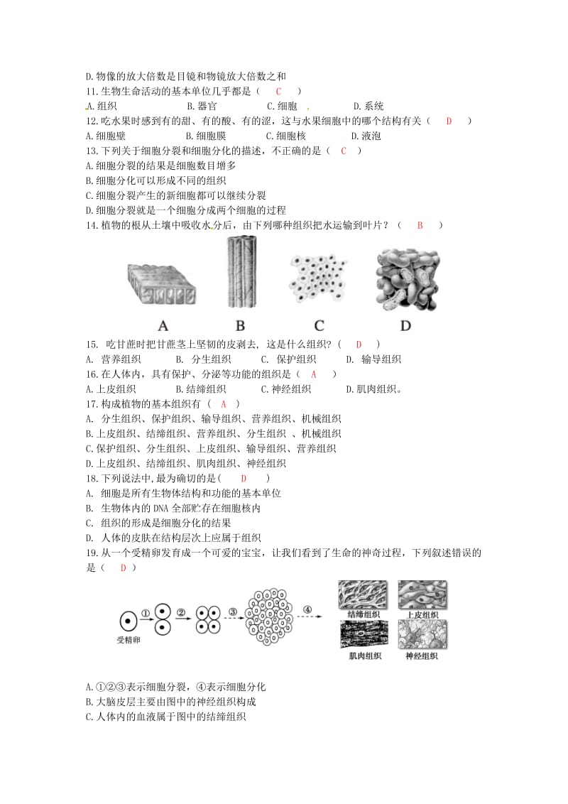 人教七年级生物上册第二单元检测题_第2页