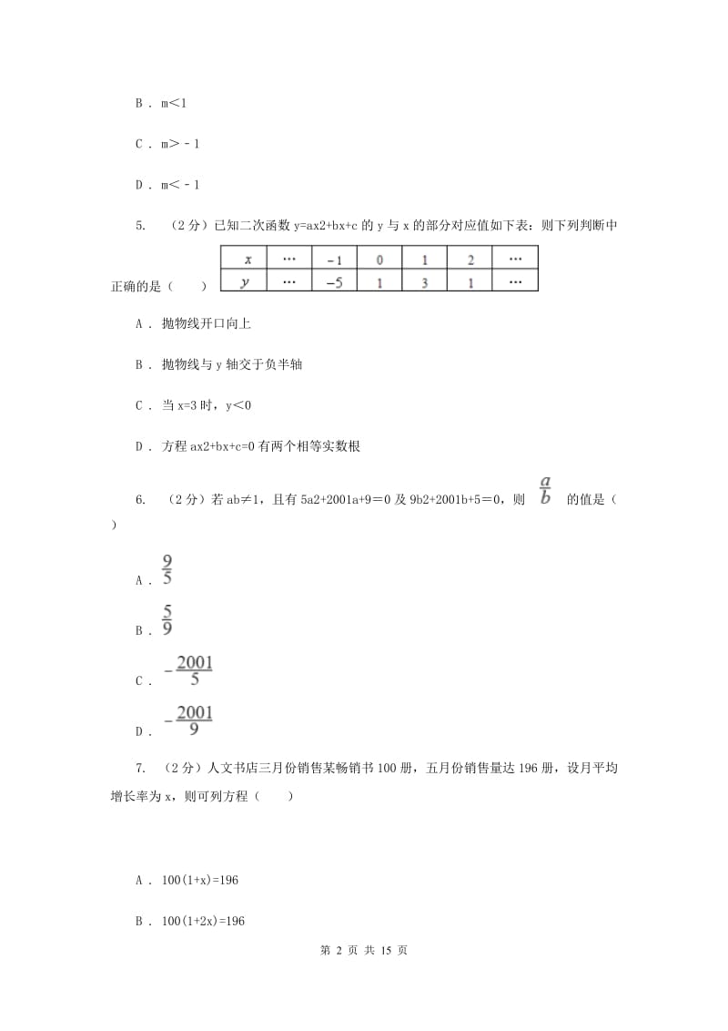 海南省九年级上学期数学10月月考试卷G卷_第2页