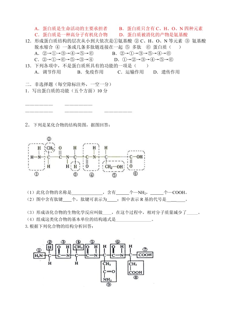 高一生物蛋白质练习题_第2页