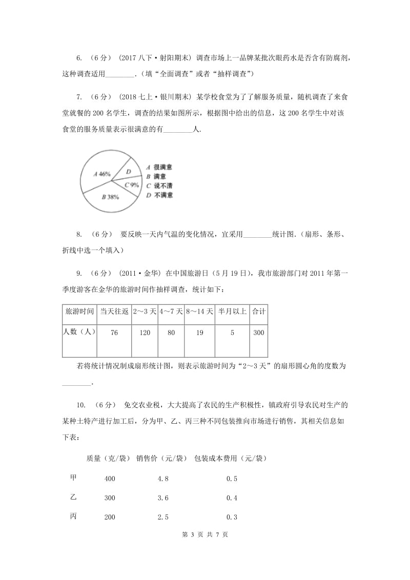 初中数学苏科版八年级下册7.1-7.2 普查与抽样调查统计图 同步练习D卷_第3页