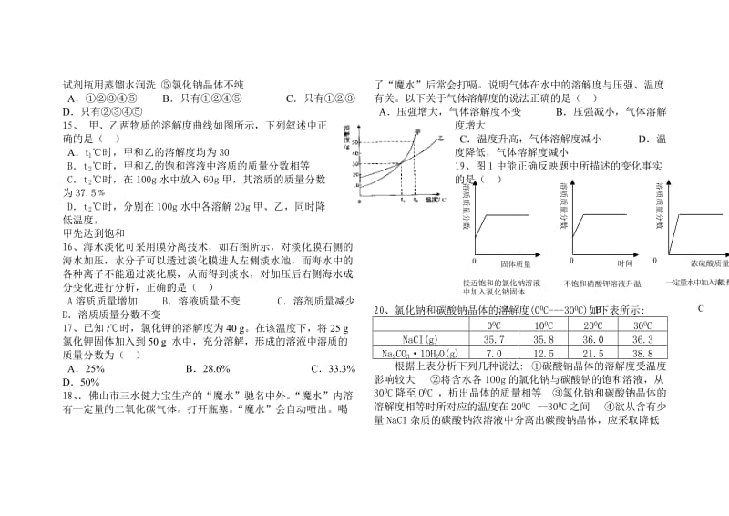 人教版初中化学第九单元溶液单元测试题及答案(一)_第3页