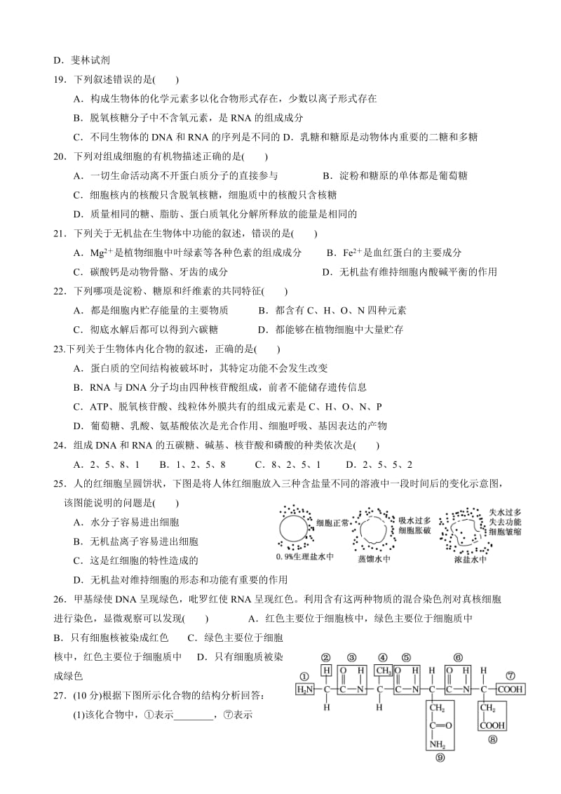 高中生物必修(一)第一章-第二章测试题_第3页