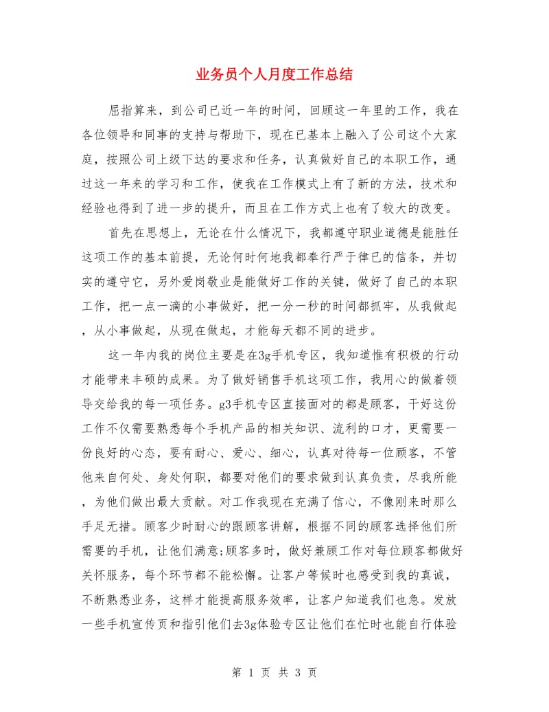 业务员个人月度工作总结_第1页