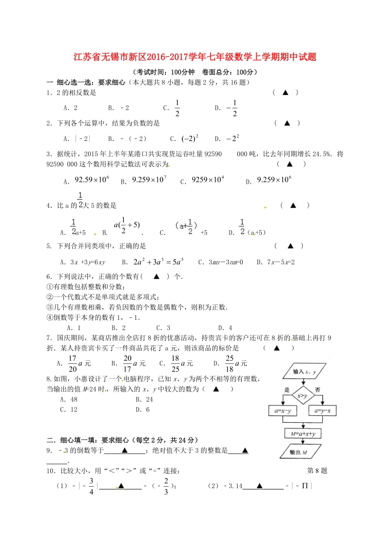 七年级数学上学期期中试题 苏科版6_第1页