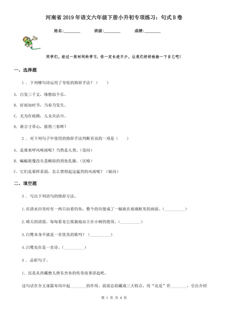 河南省2019年语文六年级下册小升初专项练习：句式B卷_第1页