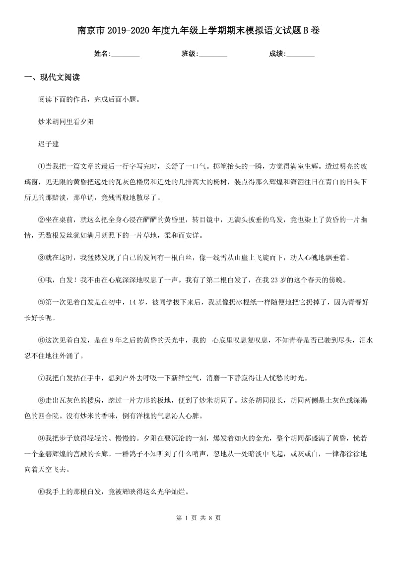 南京市2019-2020年度九年级上学期期末模拟语文试题B卷_第1页