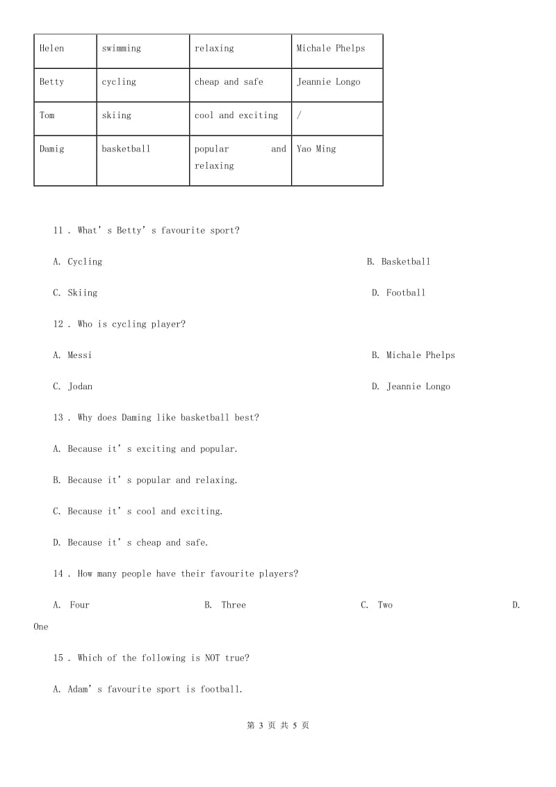 英语九年级上册Module 8 Unit 1 Daming wasn't chosen for the team last time. 同步练习_第3页