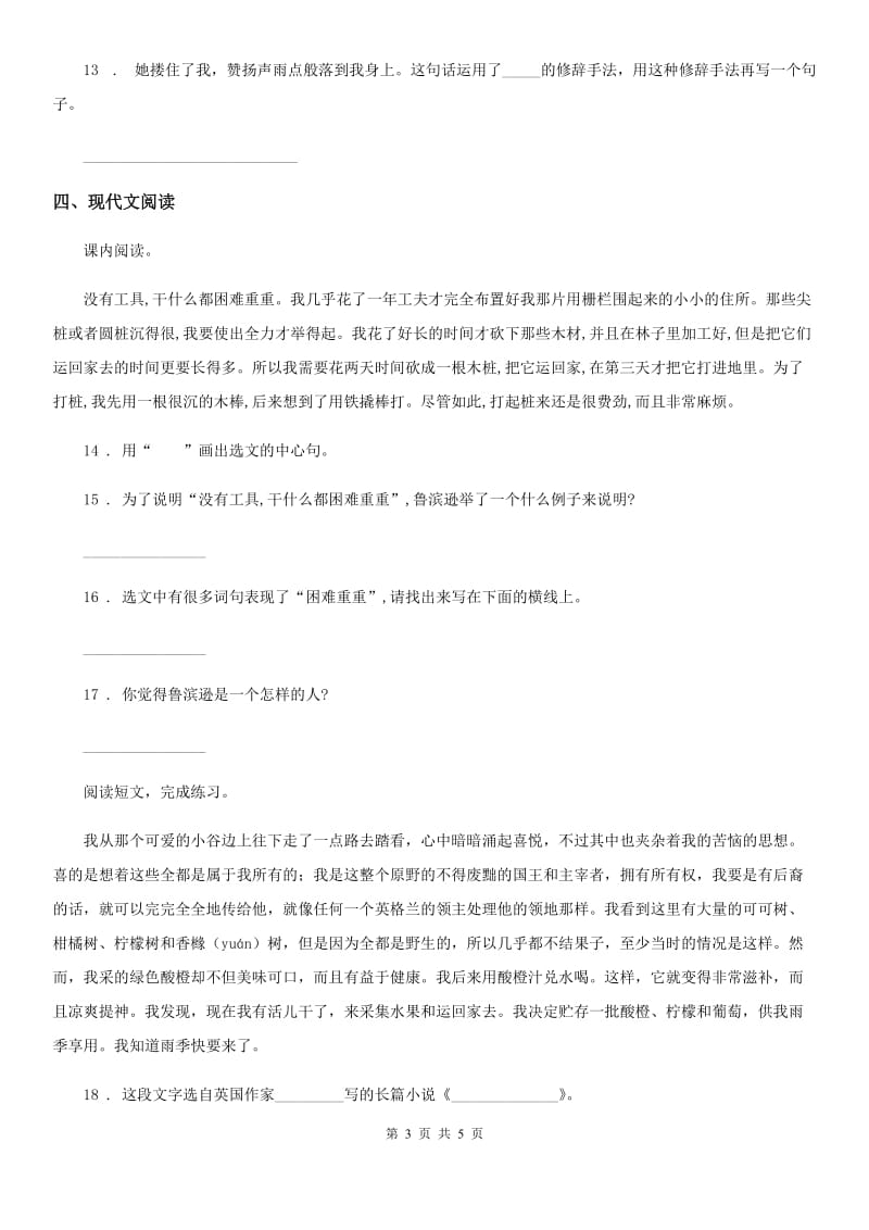 海口市2020版语文六年级下册5 鲁滨孙漂流记（节选）练习卷C卷_第3页