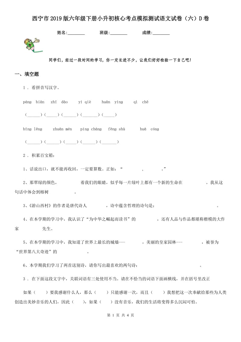 西宁市2019版六年级下册小升初核心考点模拟测试语文试卷（六）D卷_第1页