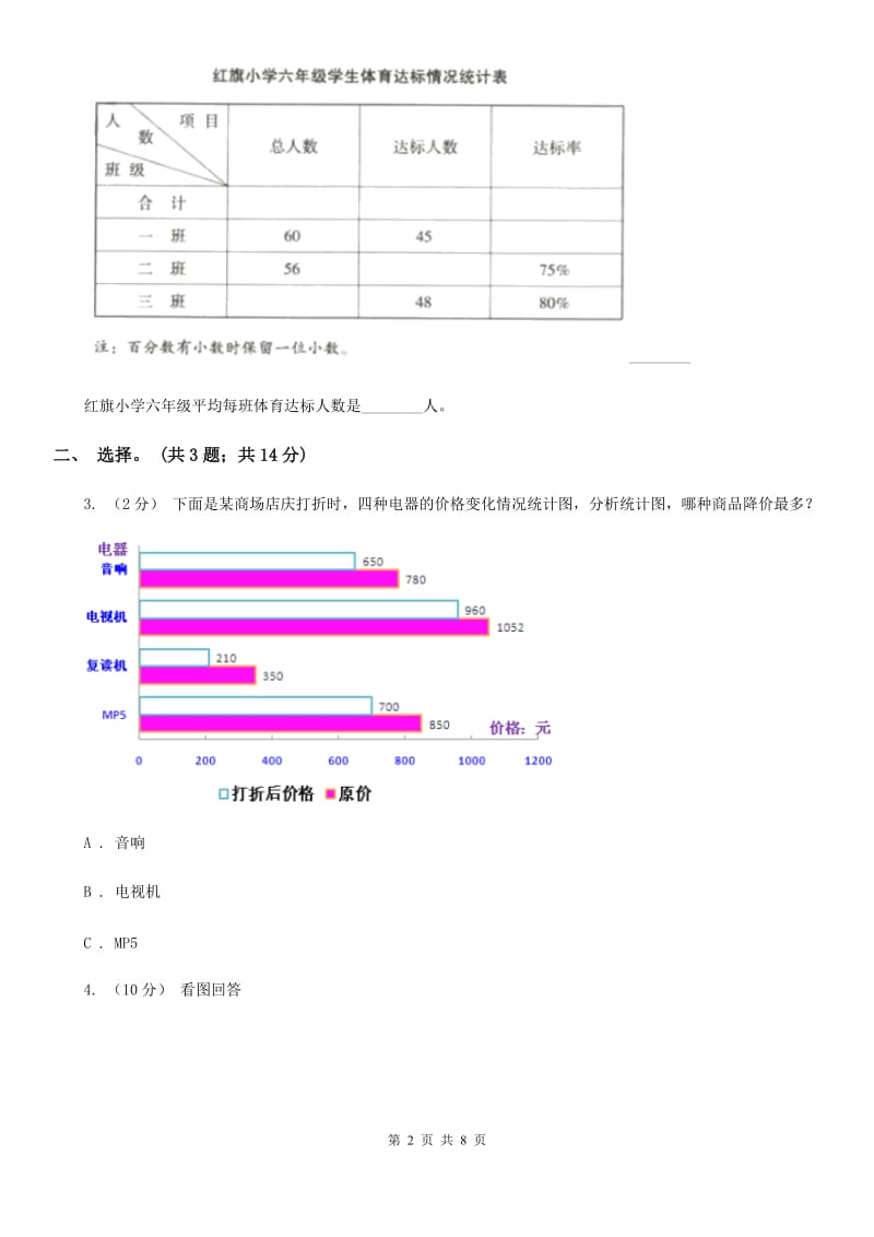 人教版小学数学四年级下册 第八单元 8.2复式条形统计图 同步练习 D卷_第2页