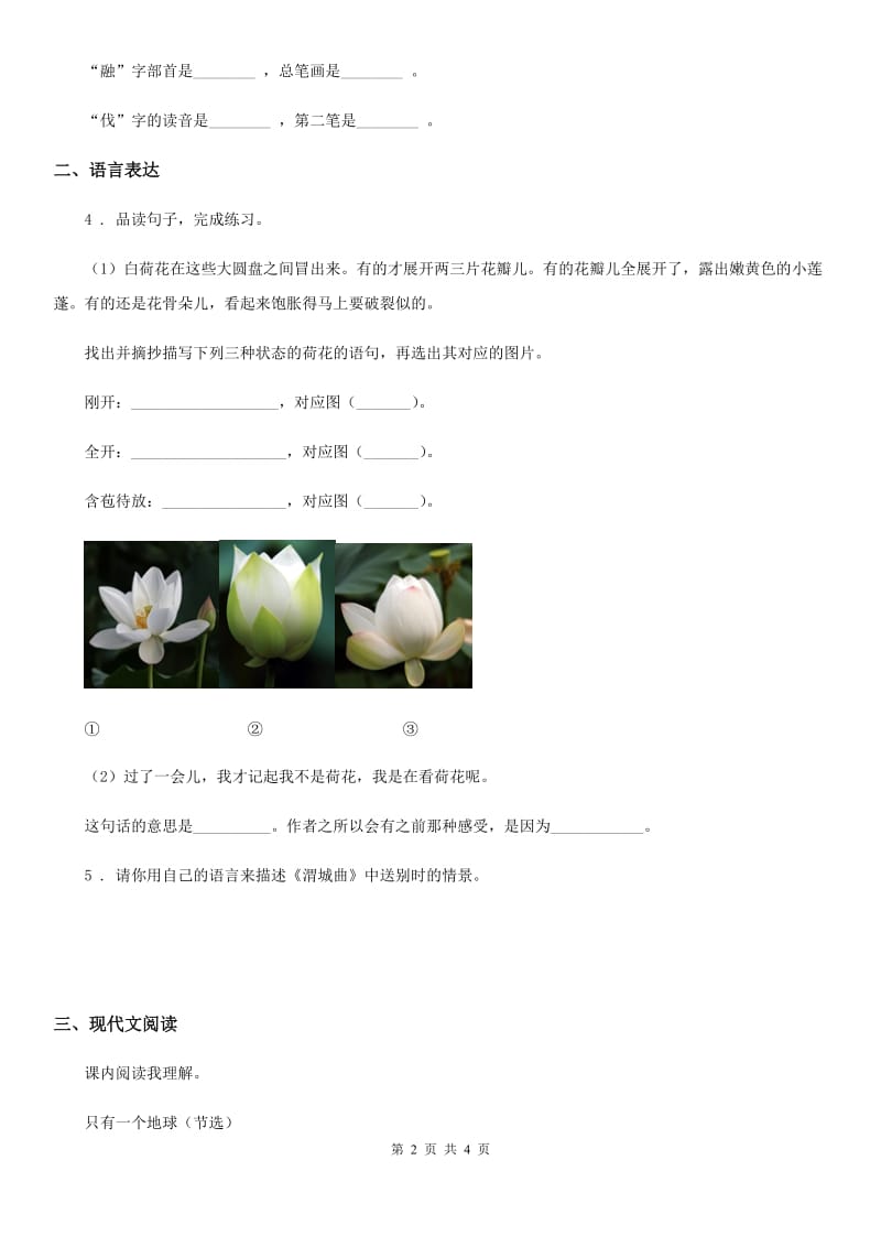 广西壮族自治区2019-2020学年语文六年级上册18 只有一个地球课时测评卷B卷_第2页