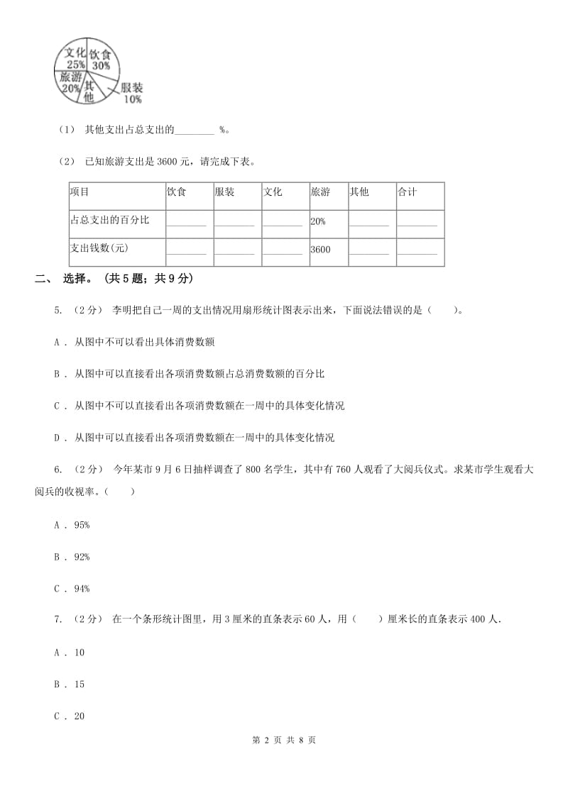 人教版数学六年级上册 第七单元扇形统计图 单元测试卷（二）B卷_第2页