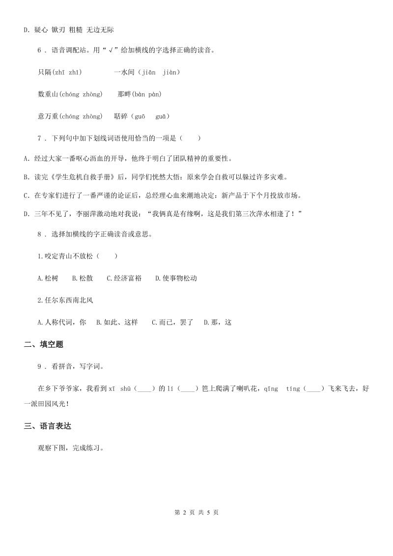 拉萨市2020年六年级下册期末测试语文试卷（一）C卷_第2页