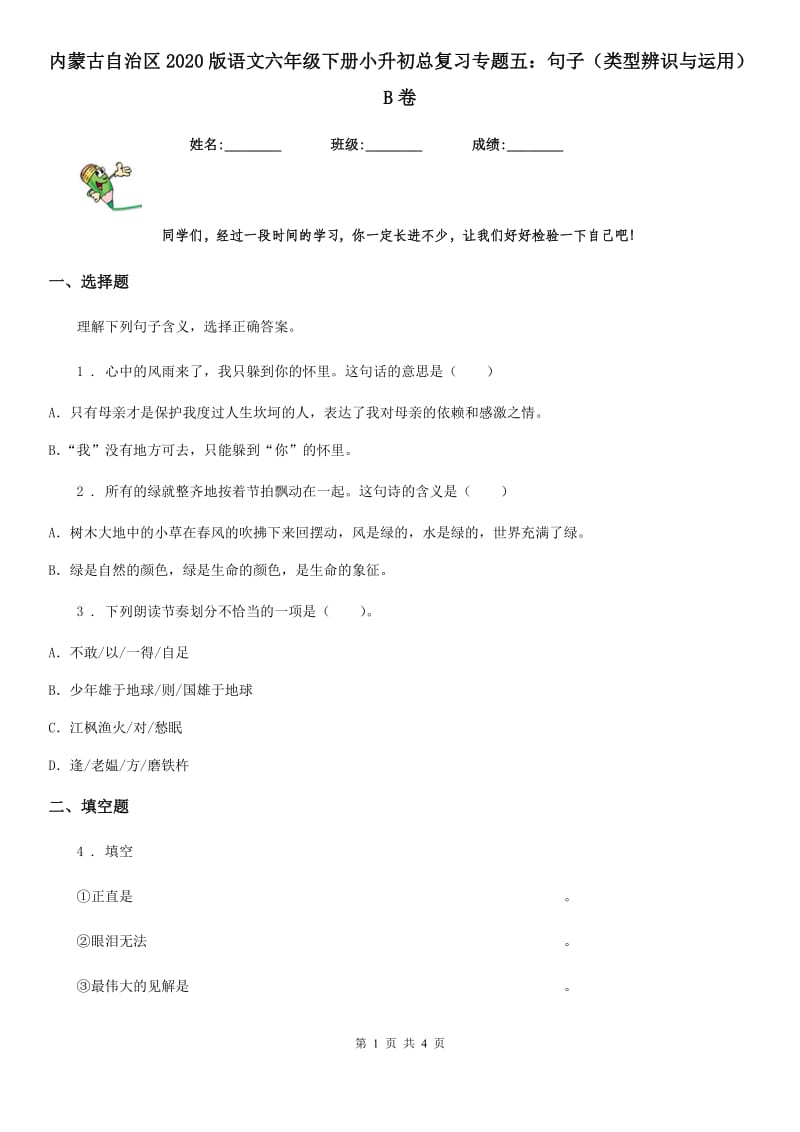 内蒙古自治区2020版语文六年级下册小升初总复习专题五：句子（类型辨识与运用）B卷_第1页