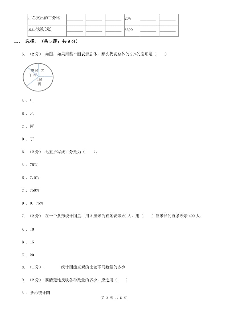 人教版数学六年级上册 第七单元扇形统计图 单元测试卷（二）A卷_第2页