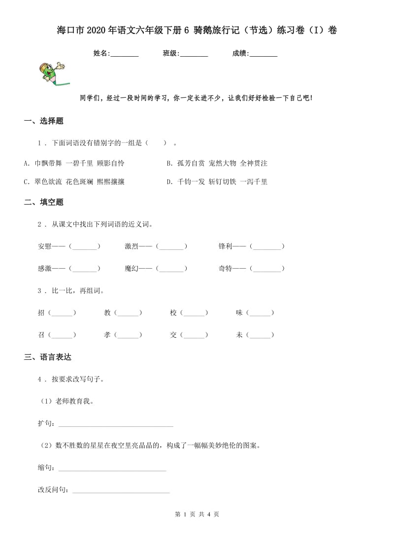 海口市2020年语文六年级下册6 骑鹅旅行记（节选）练习卷（I）卷_第1页