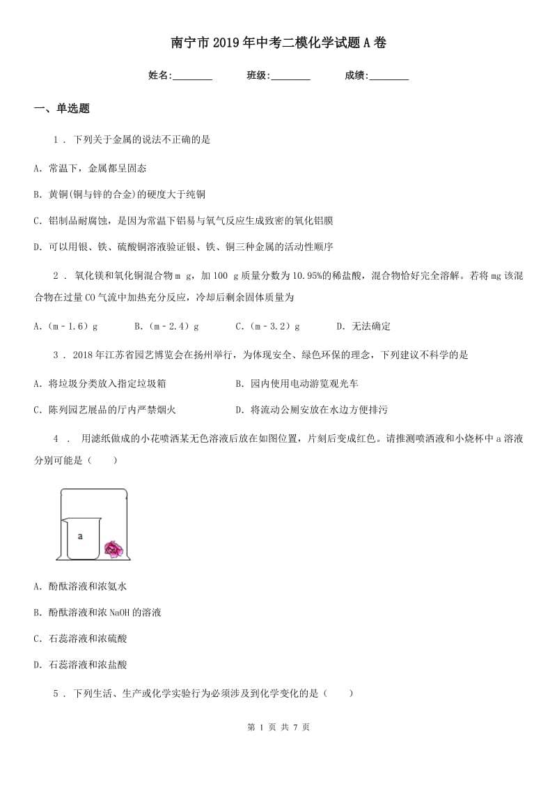 南宁市2019年中考二模化学试题A卷_第1页