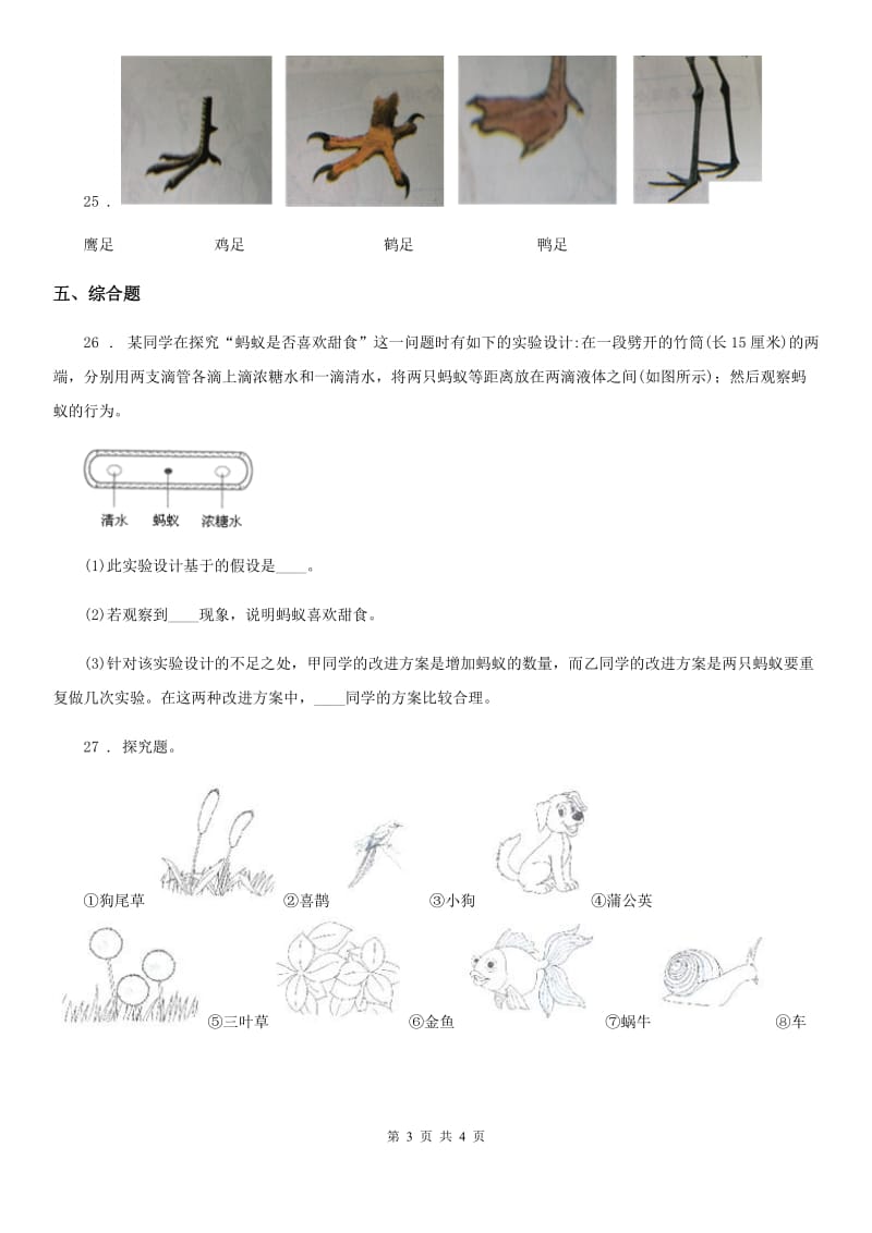 科学2020年三年级上册第二单元形成性测试卷（4）（II）卷_第3页