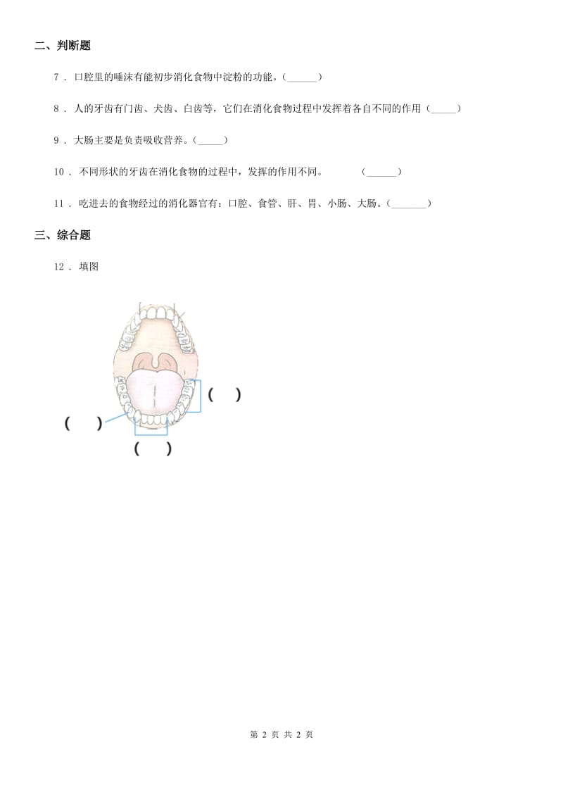 科学四年级上册4.5 食物在体内的旅行练习卷_第2页