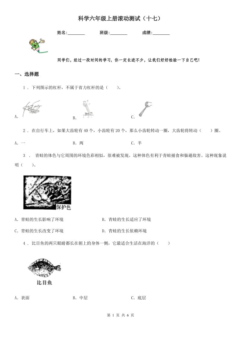 科学六年级上册滚动测试（十七）_第1页